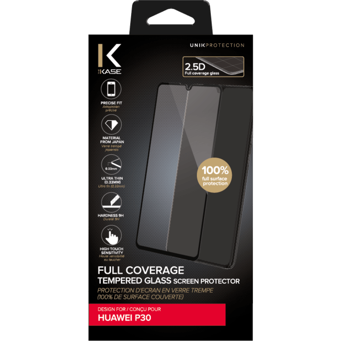 Protection d'&eacute;cran en verre tremp&eacute; (100% de surface couverte) pour Huawei P30, Noir