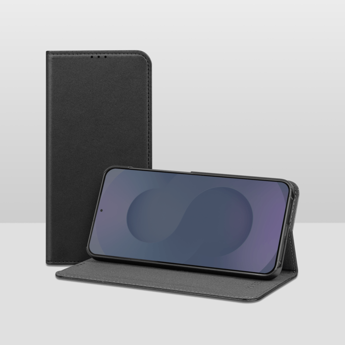 Coque clapet folio avec fente pour cartes & support pour Samsung Galaxy S25+, Noir