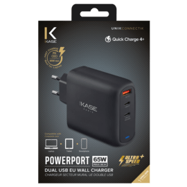 Chargeur secteur mural UE USB universel PowerPort Ultra Speed+ Charge Rapide 65W (QC 4+/Power Delivery), Noir