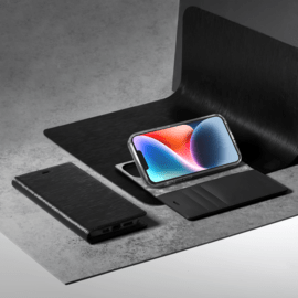 Diarycase 2.0 Coque clapet en cuir véritable avec support aimanté pour Apple iPhone 14, Minuit Noir