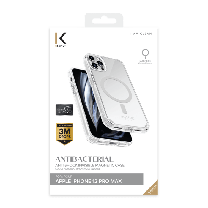 Coque antibact&eacute;rienne antichoc magn&eacute;tique invisible pour Apple iPhone 12 Pro Max, Transparente
