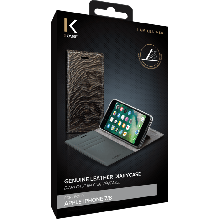 Diarycase Coque clapet en cuir v&eacute;ritable avec support aimant&eacute; pour Apple iPhone 7/8/SE 2020/SE 2022, Brun dor&eacute; L&eacute;zard