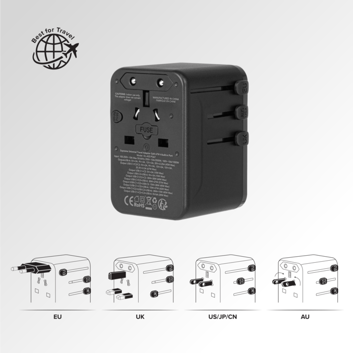 Supreme Universal Travel Adapter GaN 67W 4-bulit-in Port, Black