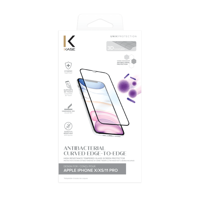(O) Antibacterial Curved Edge-to-Edge High Resistance Tempered Glass Screen Protector for Apple iPhone X/XS/11 Pro, Black