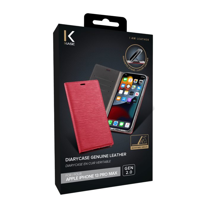 Diarycase 2.0 Coque clapet en cuir v&eacute;ritable avec support aimant&eacute; pour Apple iPhone 13 Pro Max, Rouge Bordeaux