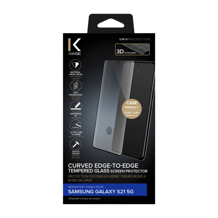 (O) Protection d'&eacute;cran en verre tremp&eacute; Bord &agrave; Bord Incurv&eacute; pour Samsung Galaxy S21 5G, Noir