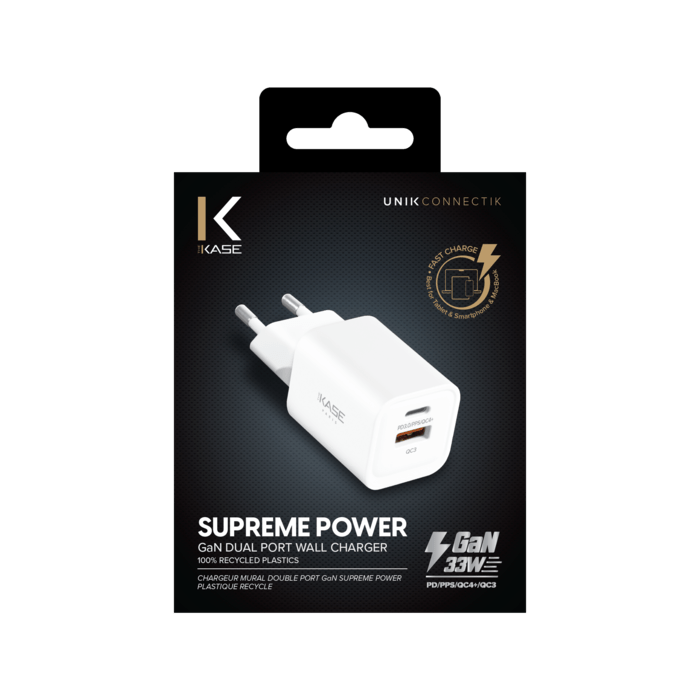 Chargeur Mural Double Port Supreme Power GaN Fabriqué Avec du 100% Plastique Recyclé - 33 W (PPS), Blanc
