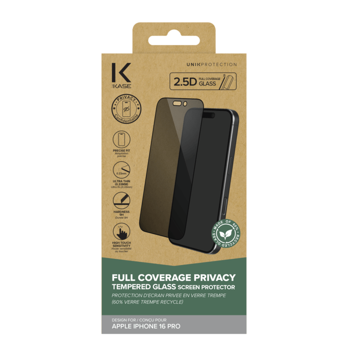 Protection d'&eacute;cran Priv&eacute;e en verre tremp&eacute; (60% verre tremp&eacute; recycl&eacute;) pour Apple iPhone 16 Pro, Noir