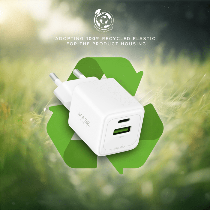 Chargeur Mural Double Port Supreme PowerLite GaN Fabriqu&eacute; Avec du 100% Plastique Recycl&eacute; - 25W (PPS), Blanc