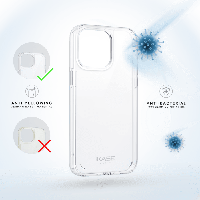 Coque antibactérienne antichoc hybride invisible pour Apple iPhone 15 Pro, Transparente