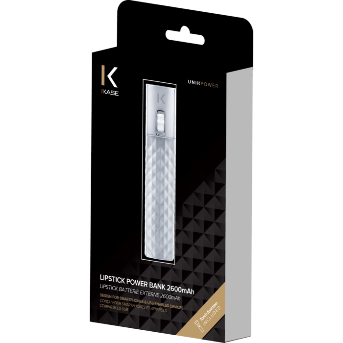 Batterie Externe Rouge &agrave; L&egrave;vres Bling Bling m&eacute;tallique 2600 mAh, Argent