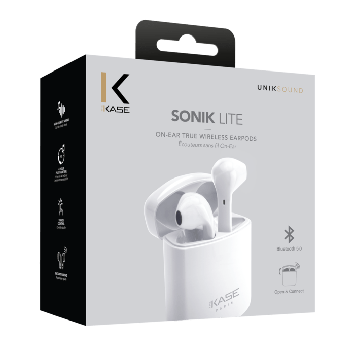 &Eacute;couteurs sans fil Sonik Lite On-Ear avec bo&icirc;tier de chargement, Blanc brilliant