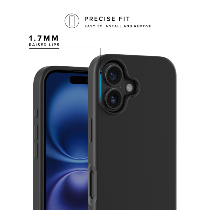 Coque antichoc en gel de silicone doux pour 55% de plastique recycl&eacute; Apple iPhone 16, Noir satin