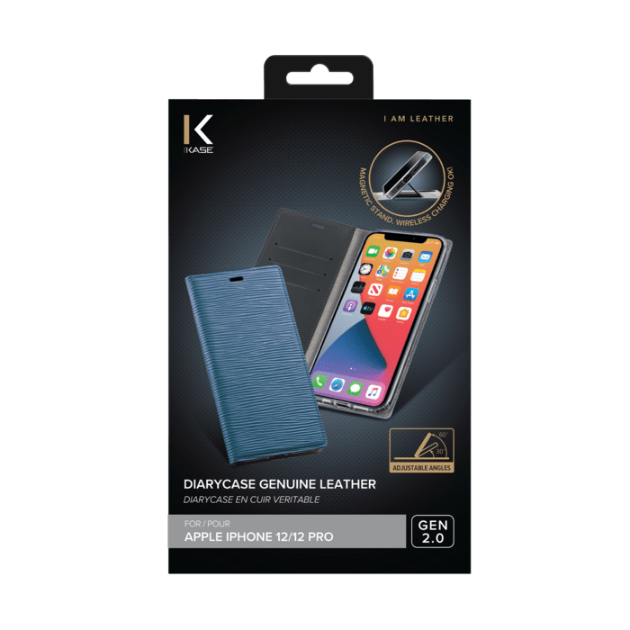 Diarycase 2.0 Coque clapet en cuir v&eacute;ritable avec support aimant&eacute; pour Apple iPhone 12/12 Pro, Bleu &Eacute;g&eacute;e