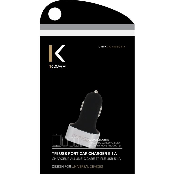 5.1A Chargeur allume-cigare triple USB pour Smartphones et Tablettes, Argent