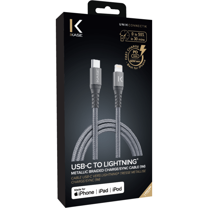 Câble USB-C vers Lightning certifié MFi Apple métallisé tressé Charge/sync (1M), Gris Sidéral