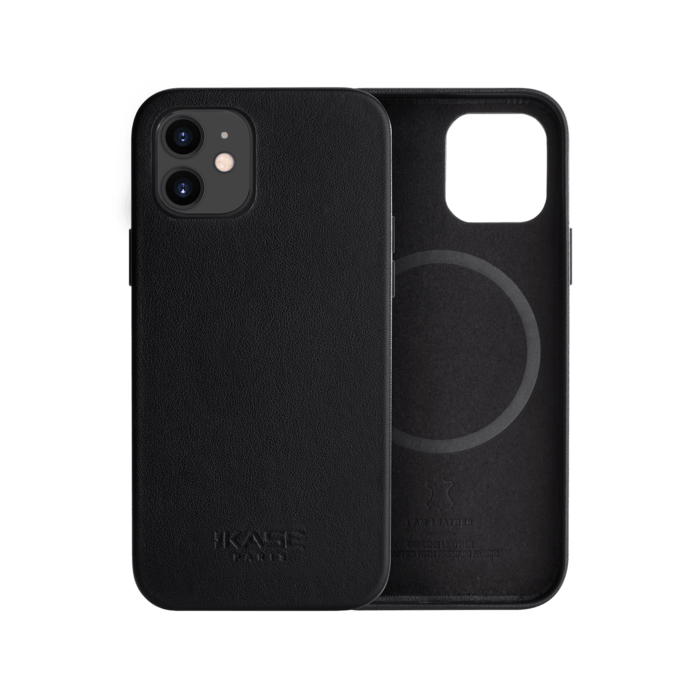 Coque magn&eacute;tique en cuir v&eacute;ritable artisanal pour Apple iPhone 12 mini, Minuit Noir