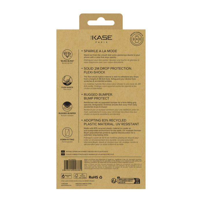 Coque hybride &eacute;tincelante invisible GEN 2.0 83% de plastique recycl&eacute; pour Apple iPhone 16 Pro Max, Transparente