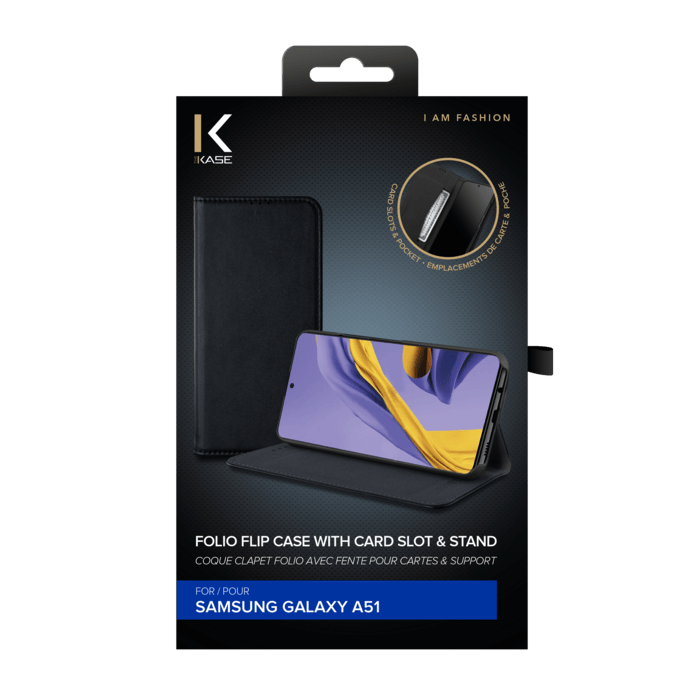 Coque clapet folio avec fente pour cartes & support pour Samsung Galaxy A51, Noir