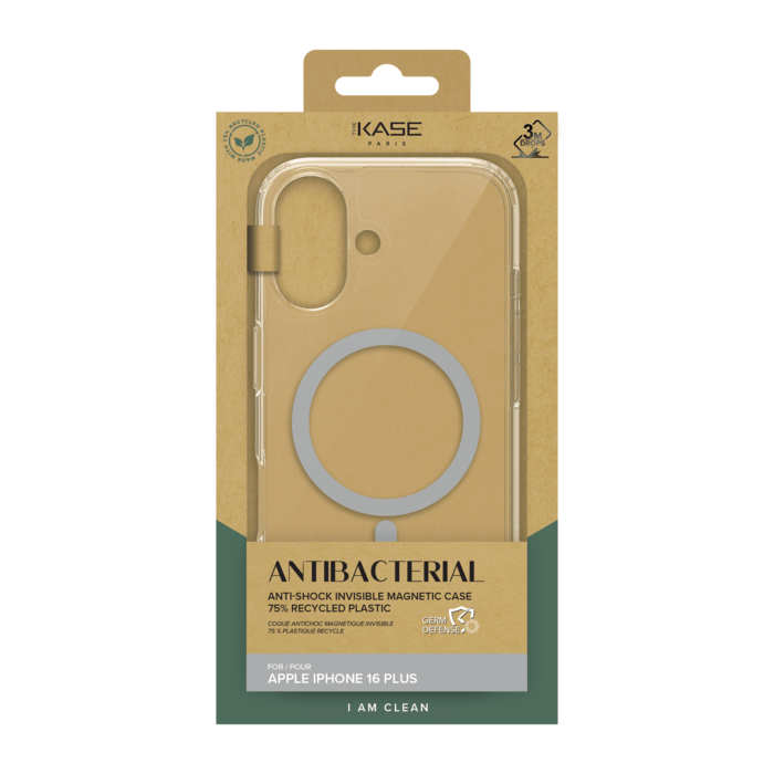 Coque antibact&eacute;rienne antichoc magn&eacute;tique invisible Fabriqu&eacute; Avec du 75% Plastique Recycl&eacute; pour Apple iPhone 16 Plus, Transparente