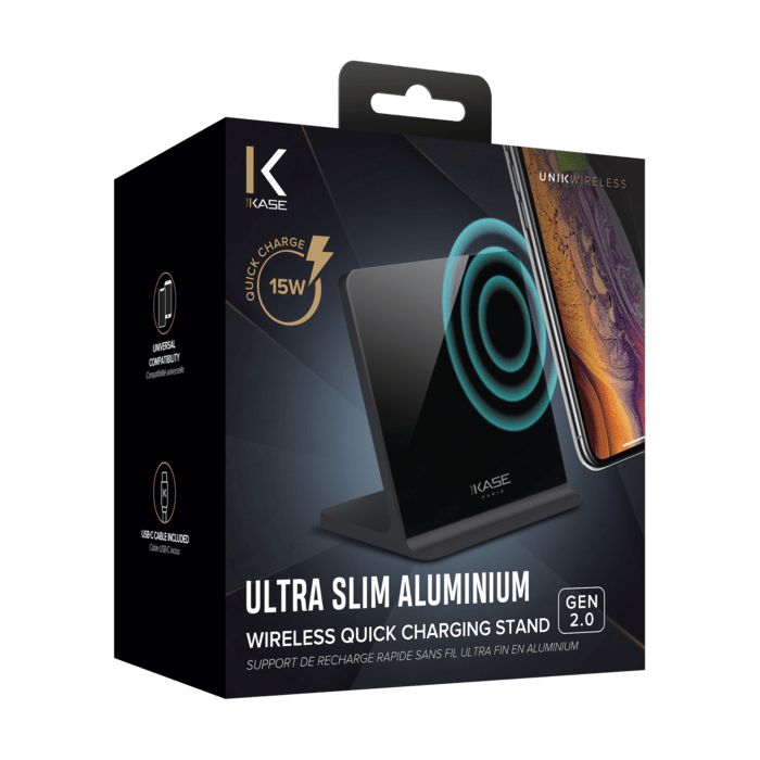 Support de recharge sans fil ultra fin en Aluminium (Charge rapide 15W) GEN 2.0, Noir de Jais