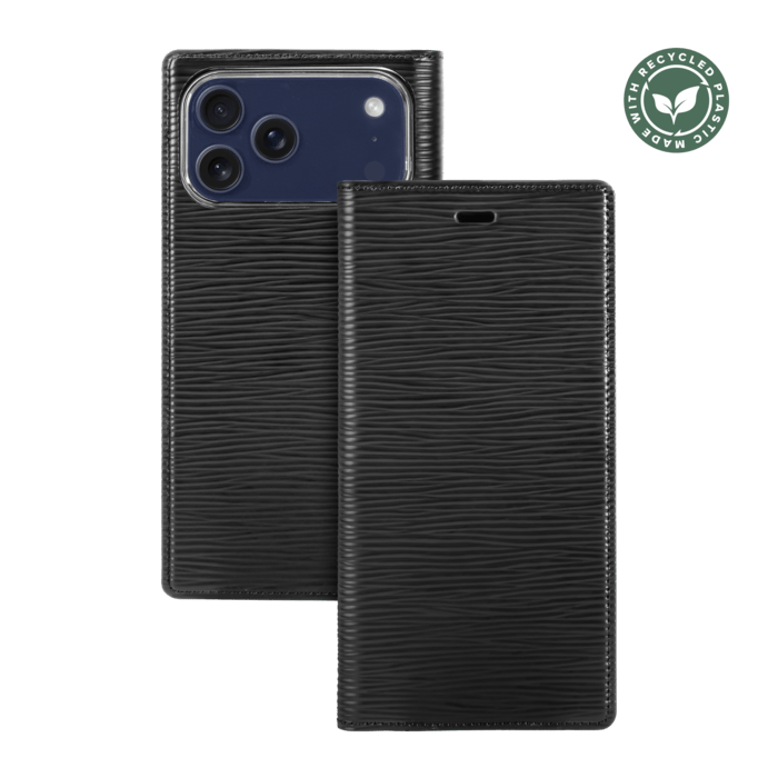 Diarycase 2.0 Coque clapet en cuir v&eacute;ritable avec support aimant&eacute; et fabriqu&eacute; avec un &eacute;tui en plastique recycl&eacute; pour Apple iPhone 17 Pro Max, Noir Minuit