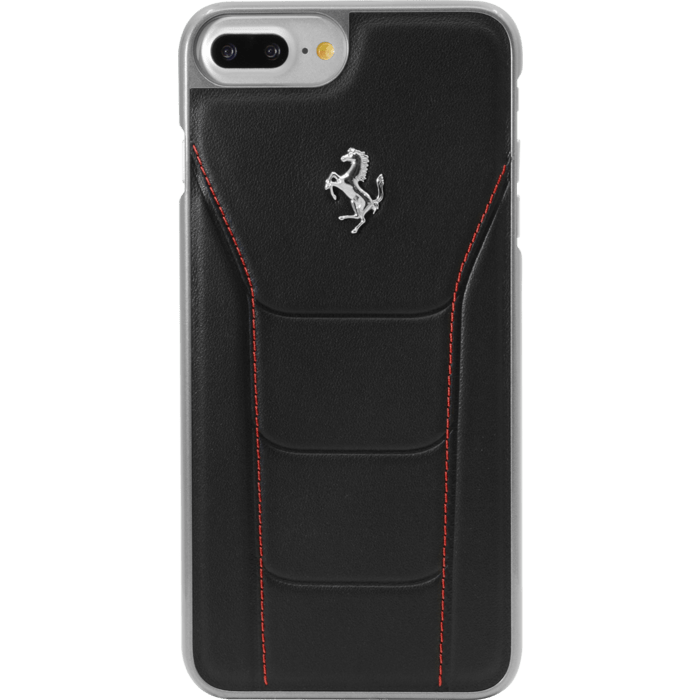 Ferrari 488 Coque en cuir veritable pour Apple iPhone 6 Plus/ 6s Plus/ 7 Plus/ 8 Plus, Noir/Logo cheval argent