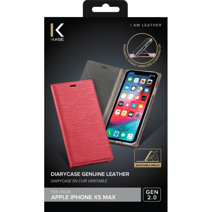 Diarycase 2.0 Coque clapet en cuir v&eacute;ritable avec support aimant&eacute; pour Apple iPhone XS Max, Rouge Bordeaux