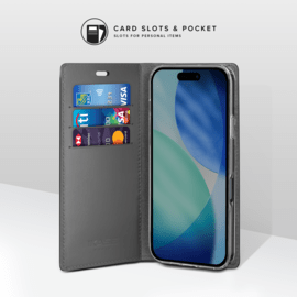 Diarycase 2.0 Coque clapet en cuir v&eacute;ritable avec support aimant&eacute; et fabriqu&eacute; avec un &eacute;tui en plastique recycl&eacute; pour Apple iPhone 17 Pro, Noir Minuit