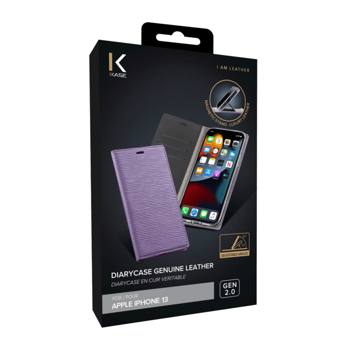Diarycase 2.0 Coque clapet en cuir v&eacute;ritable avec support aimant&eacute; pour Apple iPhone 13, Violet Lilas