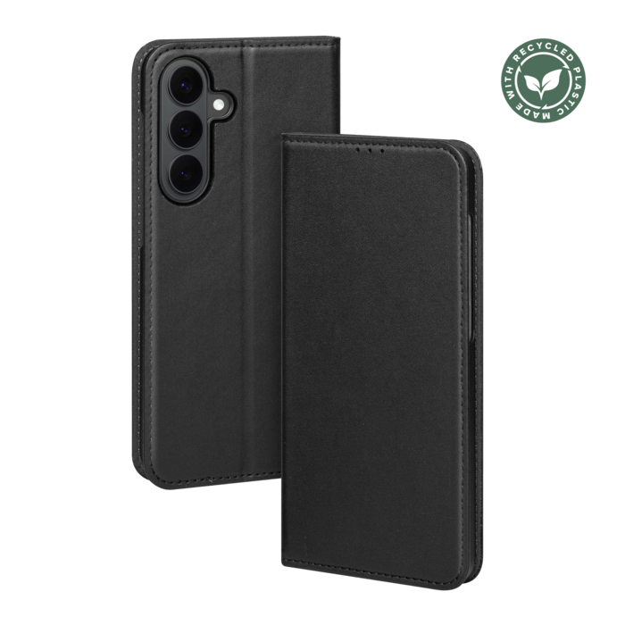 Coque clapet folio avec fente pour cartes & support fabriqu&eacute; avec &eacute;tui en plastique recycl&eacute; Pour Samsung Galaxy S26 5G, Noir