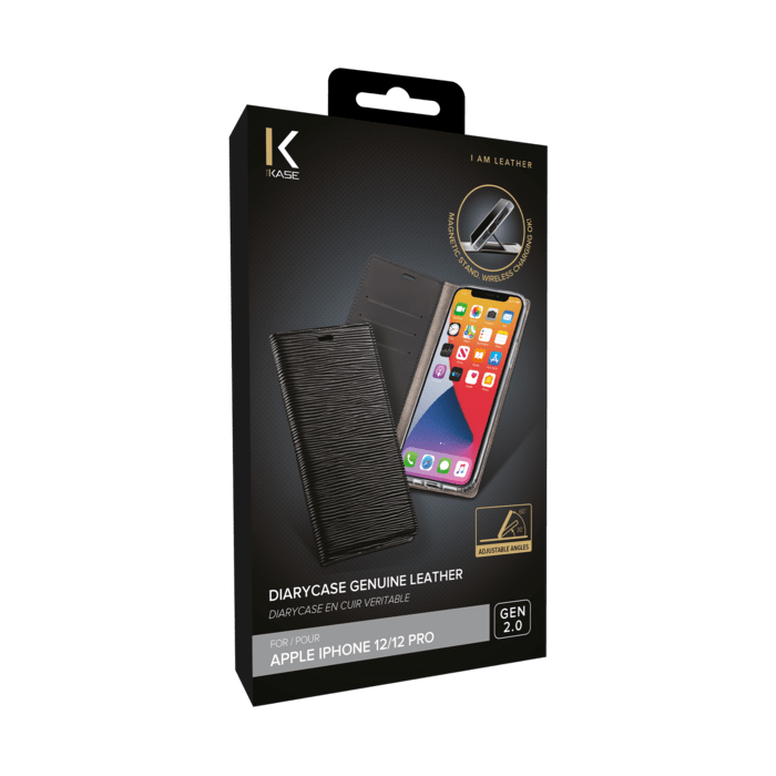 Diarycase 2.0 Coque clapet en cuir v&eacute;ritable avec support aimant&eacute; pour Apple iPhone 12/12 Pro, Minuit Noir