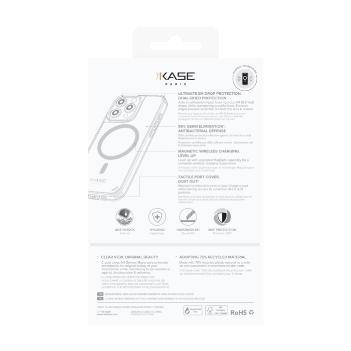 Coque antibact&eacute;rienne antichoc magn&eacute;tique invisible Fabriqu&eacute; Avec du 75% Plastique Recycl&eacute; pour Apple iPhone 15 Pro, Transparente