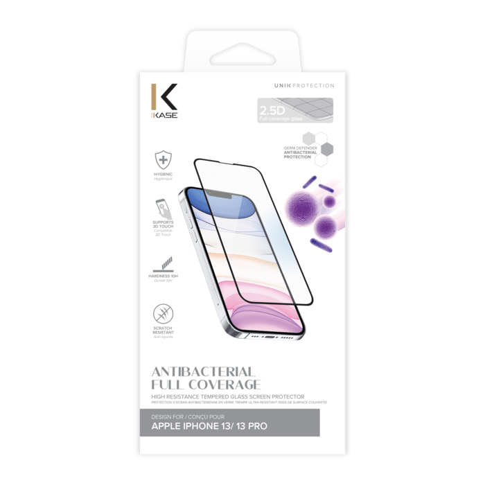 Protection d&rsquo;&eacute;cran antibact&eacute;rienne en verre tremp&eacute; ultra-r&eacute;sistant (100% de surface couverte) pour Apple iPhone 13/13 Pro, Noir