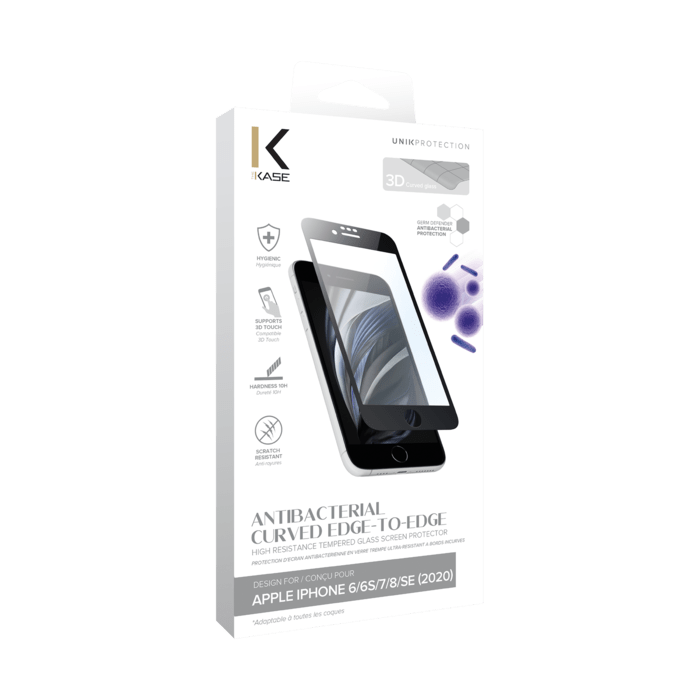 Protection d&rsquo;&eacute;cran antibact&eacute;rienne en verre tremp&eacute; ultra-r&eacute;sistant &agrave; bords incurv&eacute;s pour Apple iPhone 6/6s/7/8/SE 2020, Noir