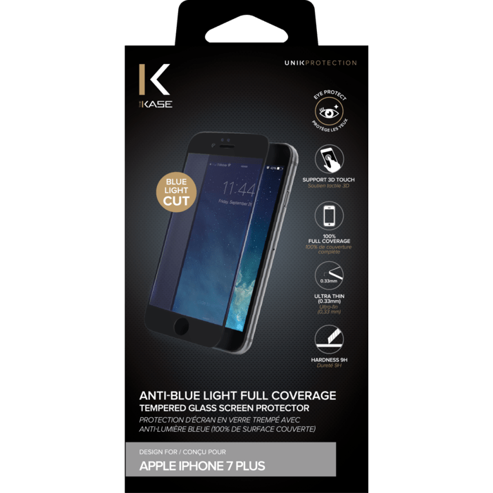 Protection d'écran en verre trempé avec Anti-lumière bleue (100% de surface couverte) pour iPhone 7 Plus, Noir