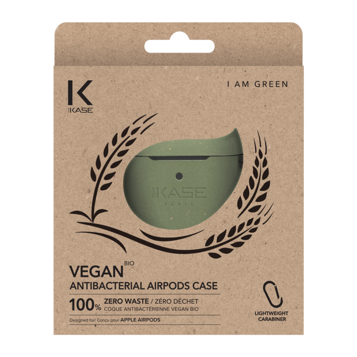 Coque antibact&eacute;rienne vegan bio 100 % z&eacute;ro d&eacute;chet pour Apple AirPods, Vert olive