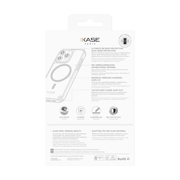 Coque antibact&eacute;rienne antichoc magn&eacute;tique invisible Fabriqu&eacute; Avec du 75% Plastique Recycl&eacute; pour Apple iPhone 15 Pro Max, Transparente