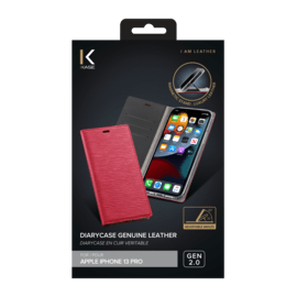 Diarycase 2.0 Coque clapet en cuir v&eacute;ritable avec support aimant&eacute; pour Apple iPhone 13 Pro, Rouge Bordeaux