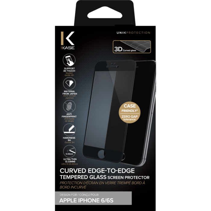 Protection d'écran en verre trempé Bord à Bord Incurvé pour Apple iPhone 6/6s, Noir