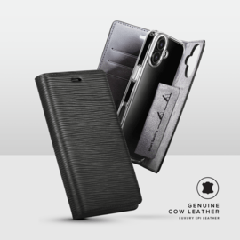 Diarycase 2.0 Coque clapet en cuir v&eacute;ritable avec support aimant&eacute; et fabriqu&eacute; avec un &eacute;tui en plastique recycl&eacute; pour Apple iPhone 16, Noir Minuit