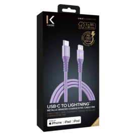 C&acirc;ble USB-C vers Lightning certifi&eacute; MFi Apple m&eacute;tallis&eacute; tress&eacute; Charge/sync (1M), Violet Lilas