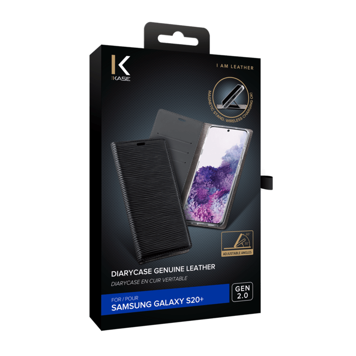 Diarycase 2.0 Coque clapet en cuir véritable avec support aimanté pour Samsung Galaxy S20+, Minuit Noir