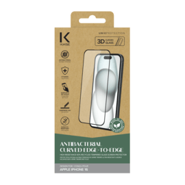Protection d&rsquo;&eacute;cran antibact&eacute;rienne en verre tremp&eacute; ultra-r&eacute;sistant &agrave; bords incurv&eacute;s (60% verre tremp&eacute; recycl&eacute;) pour Apple iPhone 16, Noir