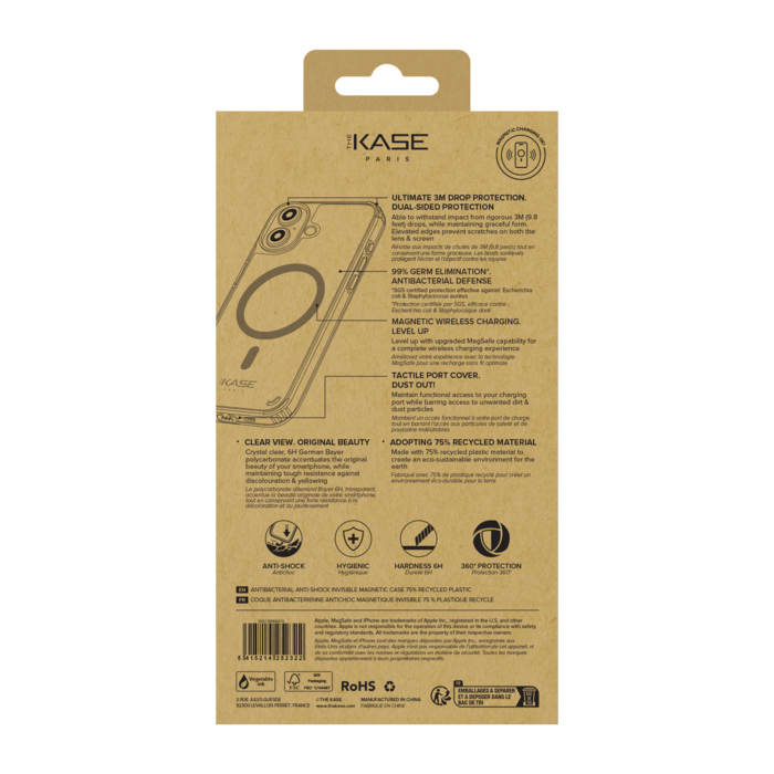 Coque antibact&eacute;rienne antichoc magn&eacute;tique invisible Fabriqu&eacute; Avec du 75% Plastique Recycl&eacute; pour Apple iPhone 16, Transparente