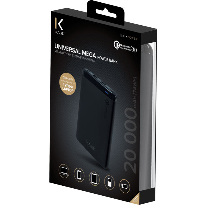 Méga batterie externe universelle 20 000 mAh (74Wh) pour ordinateurs portables & tablettes & smartphones, Noir