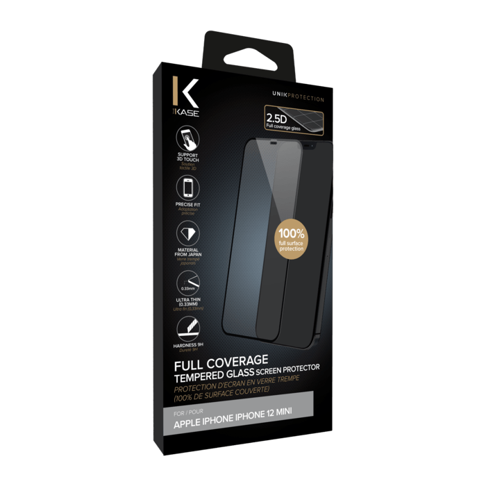 Protection d'&eacute;cran en verre tremp&eacute; (100% de surface couverte) pour Apple iPhone 12 mini, Noir