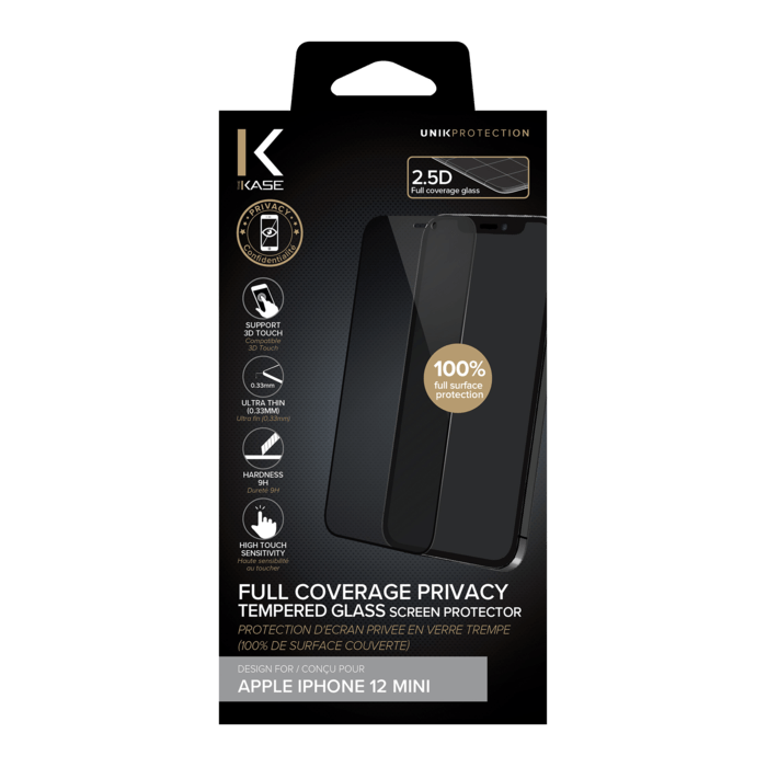 Protection d'&eacute;cran Priv&eacute;e en verre tremp&eacute; (100% de surface couverte) pour Apple iPhone 12 mini, Noir