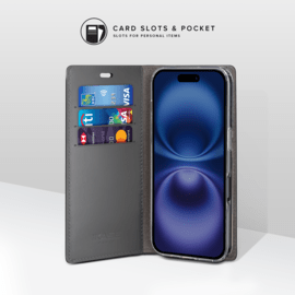 Diarycase 2.0 Coque clapet en cuir v&eacute;ritable avec support aimant&eacute; et fabriqu&eacute; avec un &eacute;tui en plastique recycl&eacute; pour Apple iPhone 16, Noir Minuit