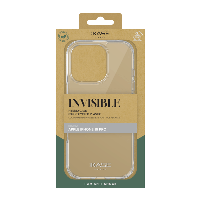 Coque hybride invisible fabriqu&eacute;e &agrave; 83 % de plastique recycl&eacute; pour Apple iPhone 16  Pro, transparente